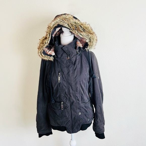 BKE Boutique Brown/Grey Button Zipper Embellished Fur Hooded Utility Coat Jacket - Picture 2 of 7
